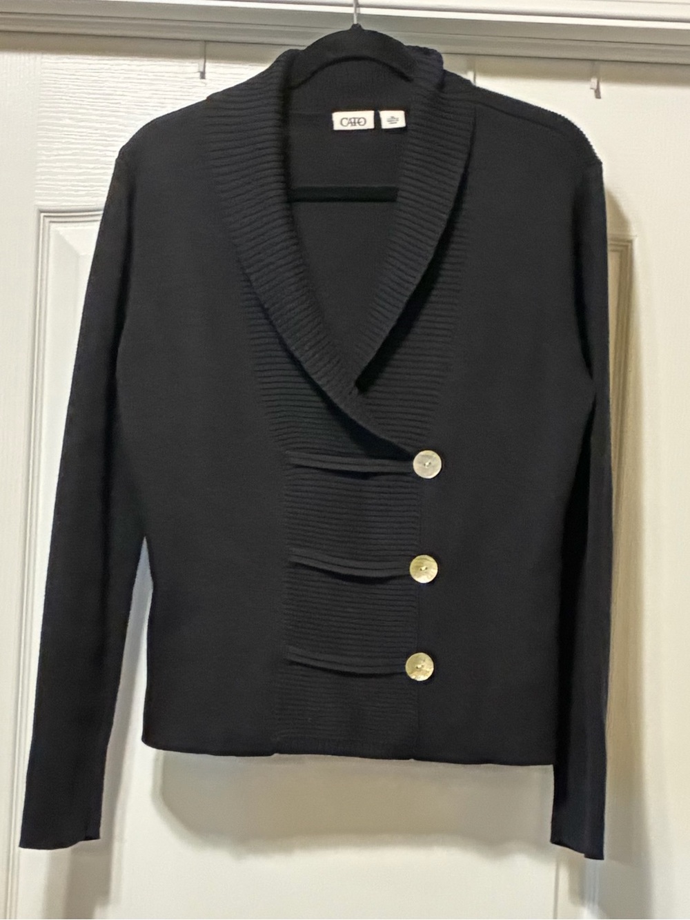 Cato Stylish Black ShawlCollar Button Ribbed FrontPanel Detail Pullover Sweater